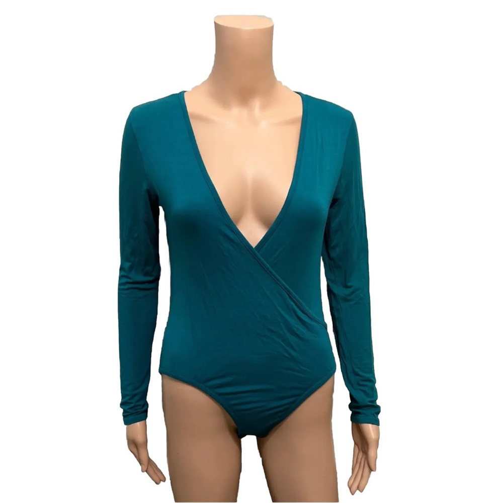 MISSGUIDED Teal Long-Sleeve Plunge Wrap Bodysuit Size L